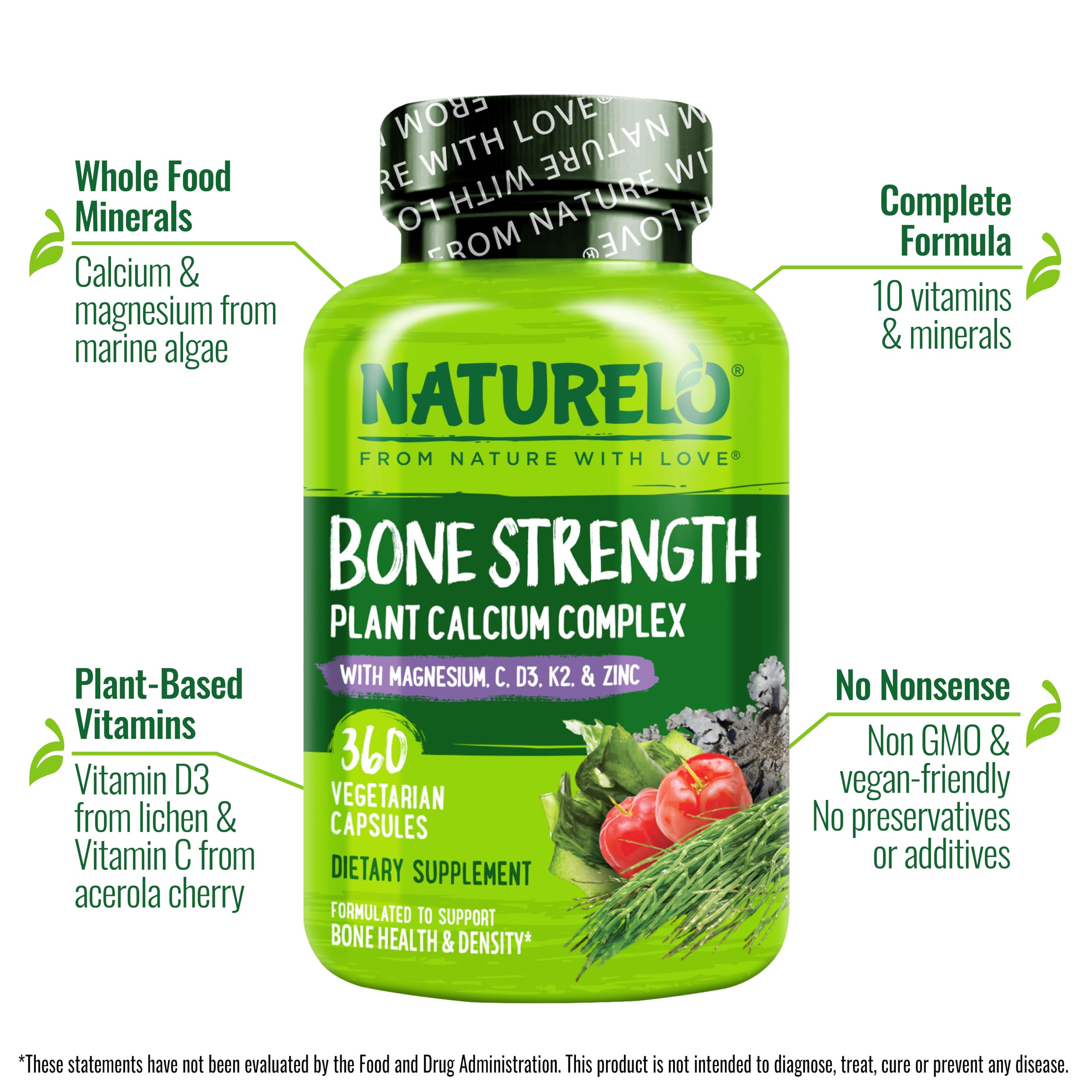 Naturelo calcium magnesium zinc vegetarian capsules on a white background