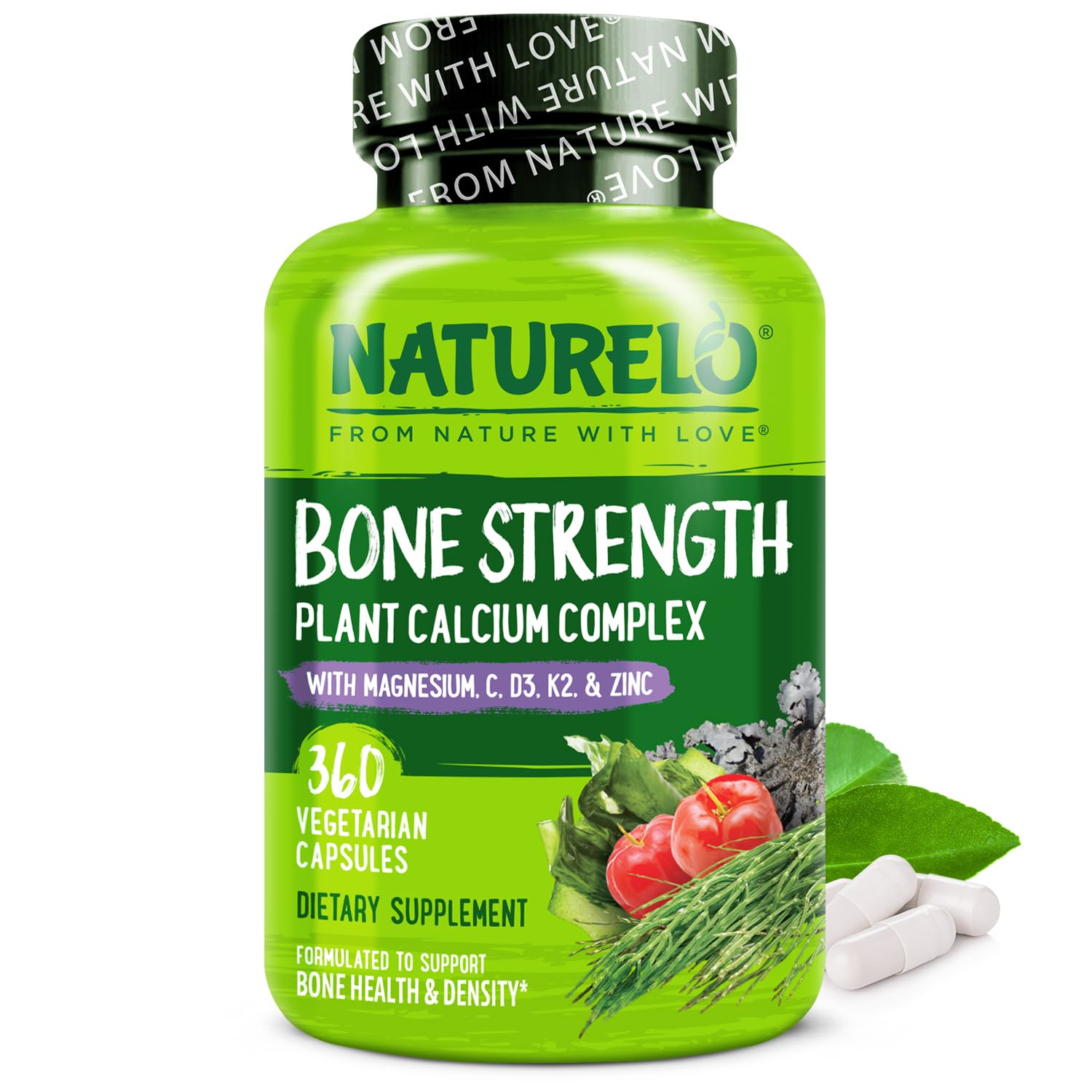 Naturelo calcium supplement bottle label highlighting bone support