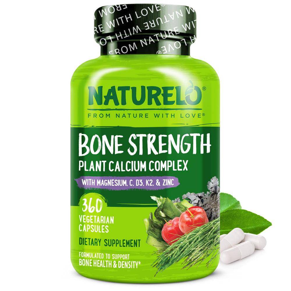 Naturelo calcium supplement bottle label highlighting bone support