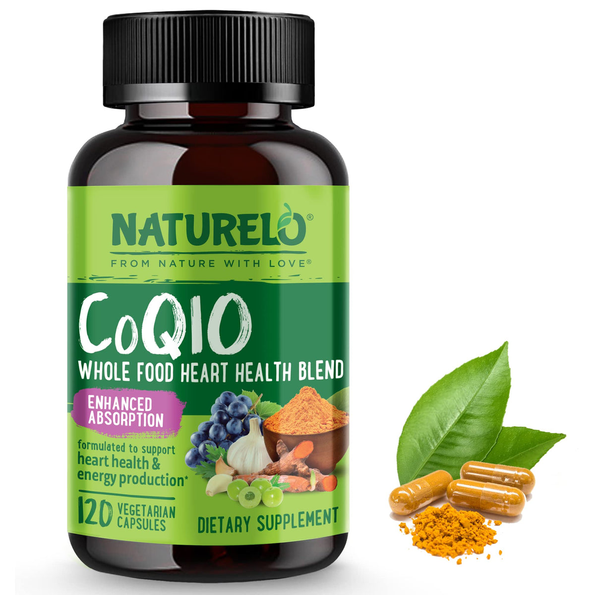 Naturelo CoQ10 bottle visual highlights daily heart health support and energy