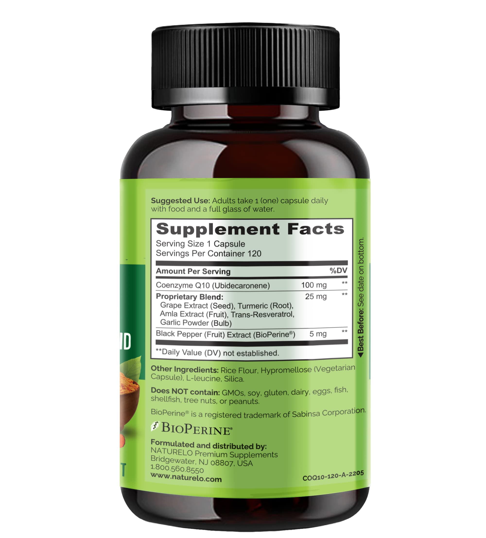 Naturelo CoQ10 label highlights 100 mg dose and antioxidant blend