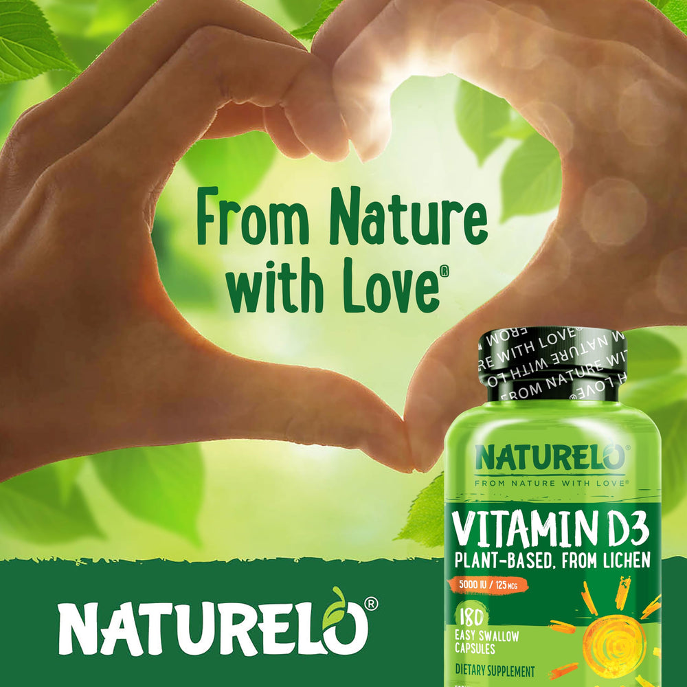 Naturelo D3 bottle side view with label highlighting 5000 IU potency.