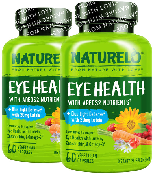 Naturelo Eye Vitamins AREDS2 bottle shown for daily eye support.