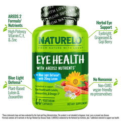 Naturelo Eye Vitamins AREDS2 label highlights core nutrients for vision.