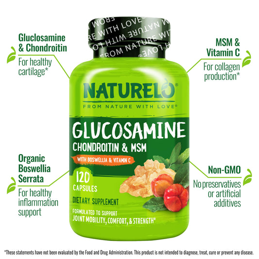 Naturelo Glucosamine Chondroitin MSM bottle back shows ingredient details for transparency