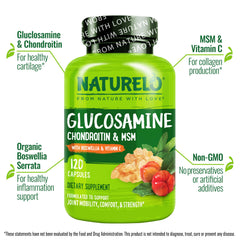 Naturelo Glucosamine Chondroitin MSM bottle back shows ingredient details for transparency