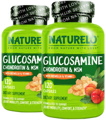 Naturelo Glucosamine Chondroitin MSM bottle front highlights joint support formula