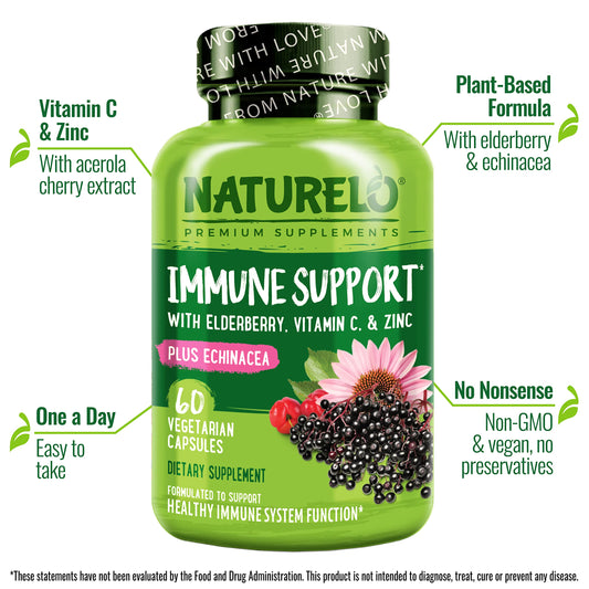 Naturelo Immune Support bottle with vegan capsules for plant-based immune support