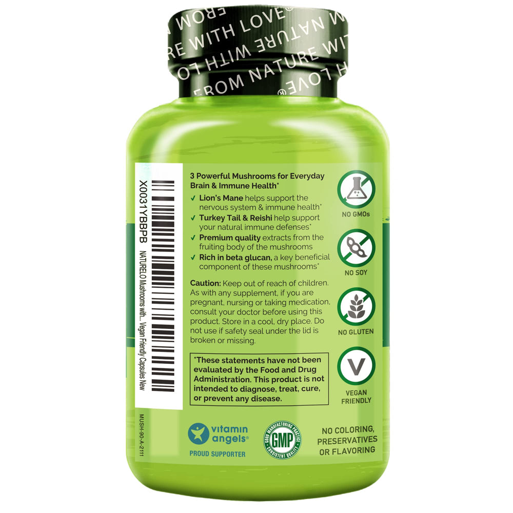 Naturelo Lions Mane close-up highlighting potential brain function support.