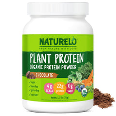 Naturelo Plant Protein Powder Chocolate tub closeup for vegan protein