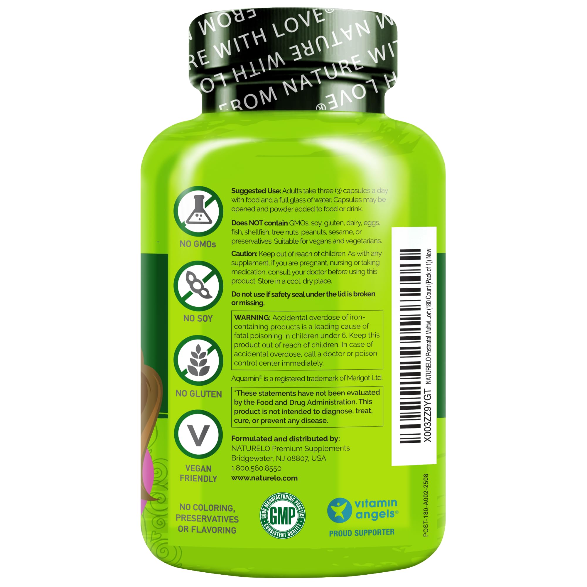 Ingredients list close-up on Naturelo Postnatal Multivitamin packaging