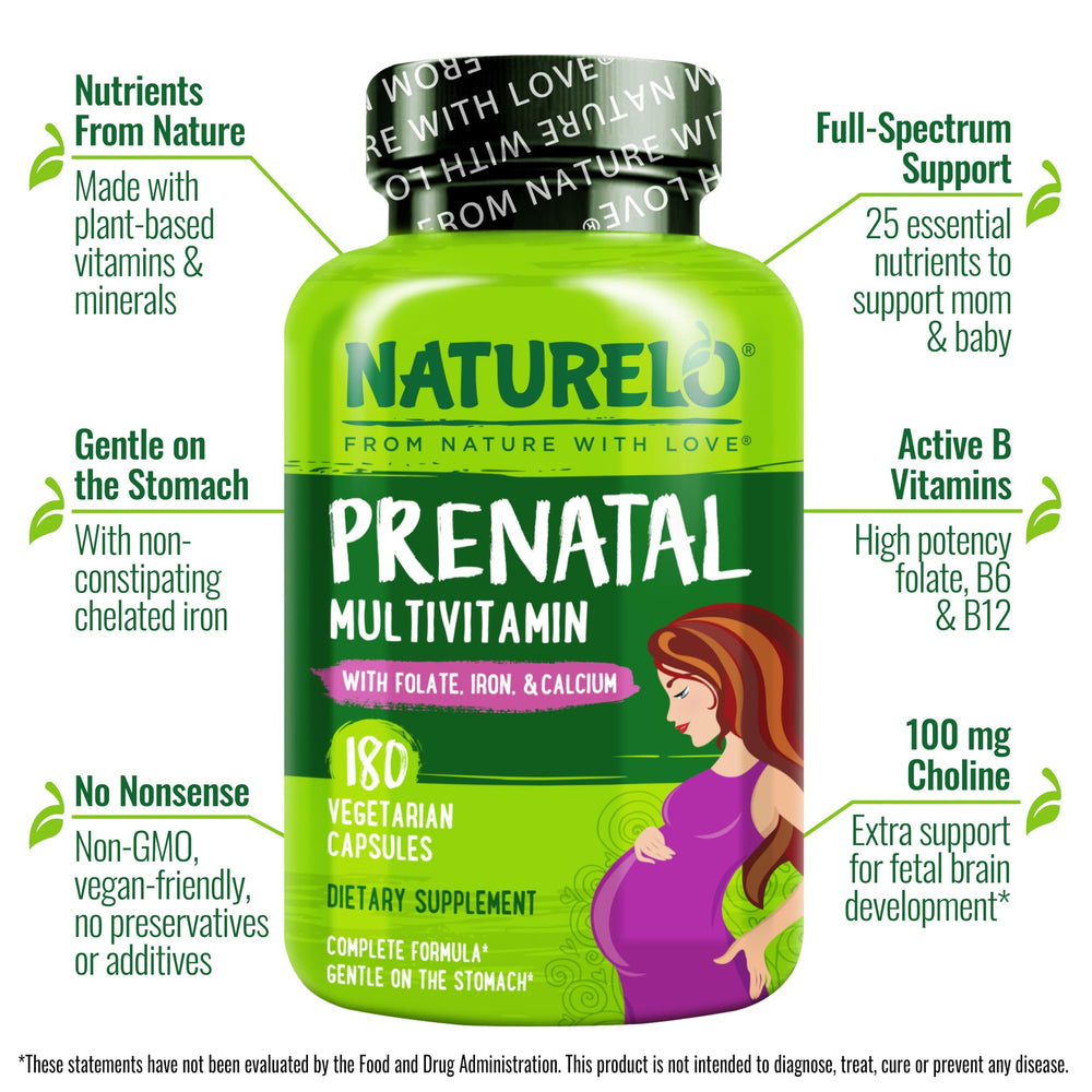 Naturelo Prenatal capsules closeup highlights chelated minerals for gentle digestion and absorption.