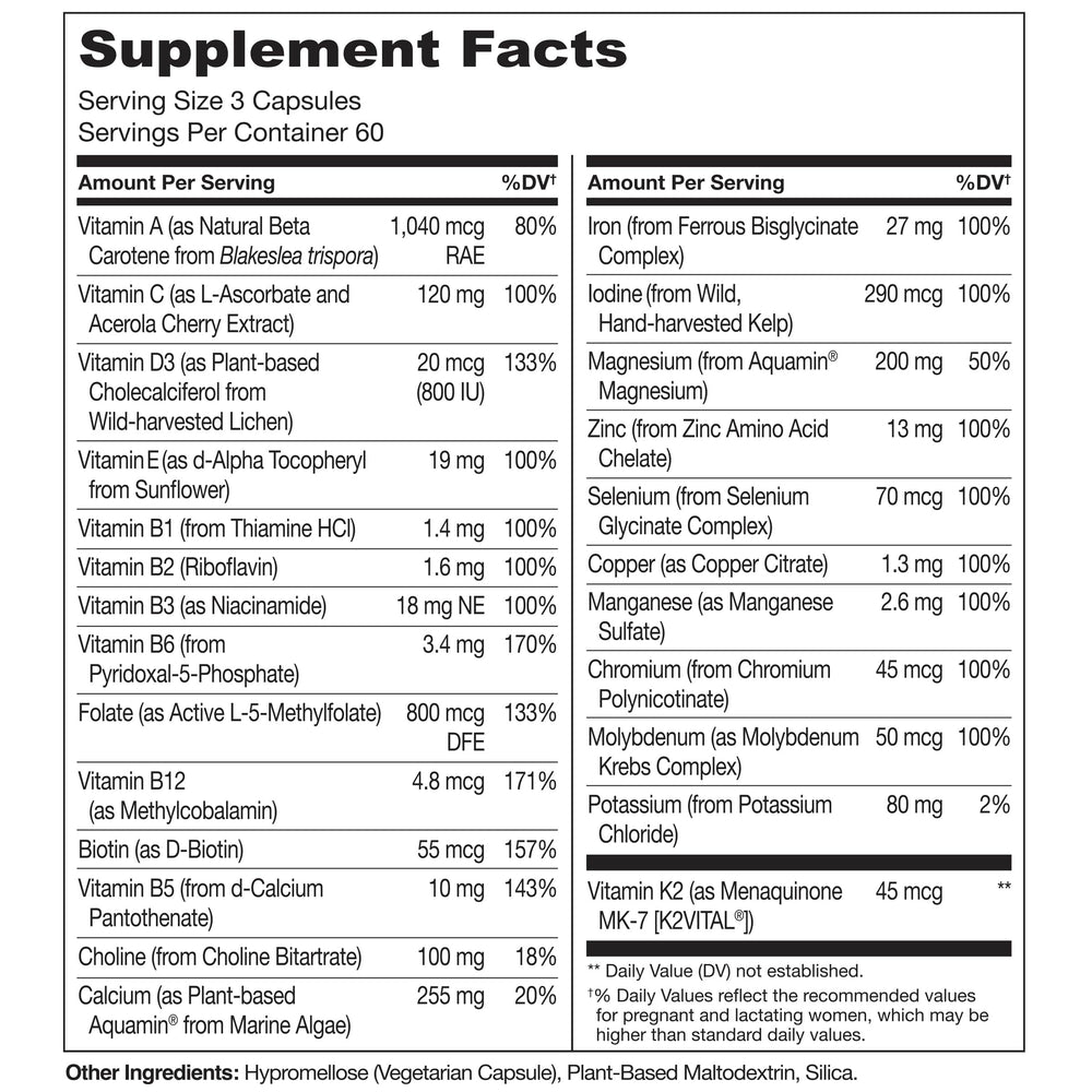 Naturelo Prenatal chelated iron detail on label emphasizes stomach-friendly iron form.