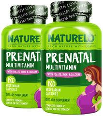 Naturelo Prenatal bottle front shows vegan, gluten-free formula for pregnancy support.