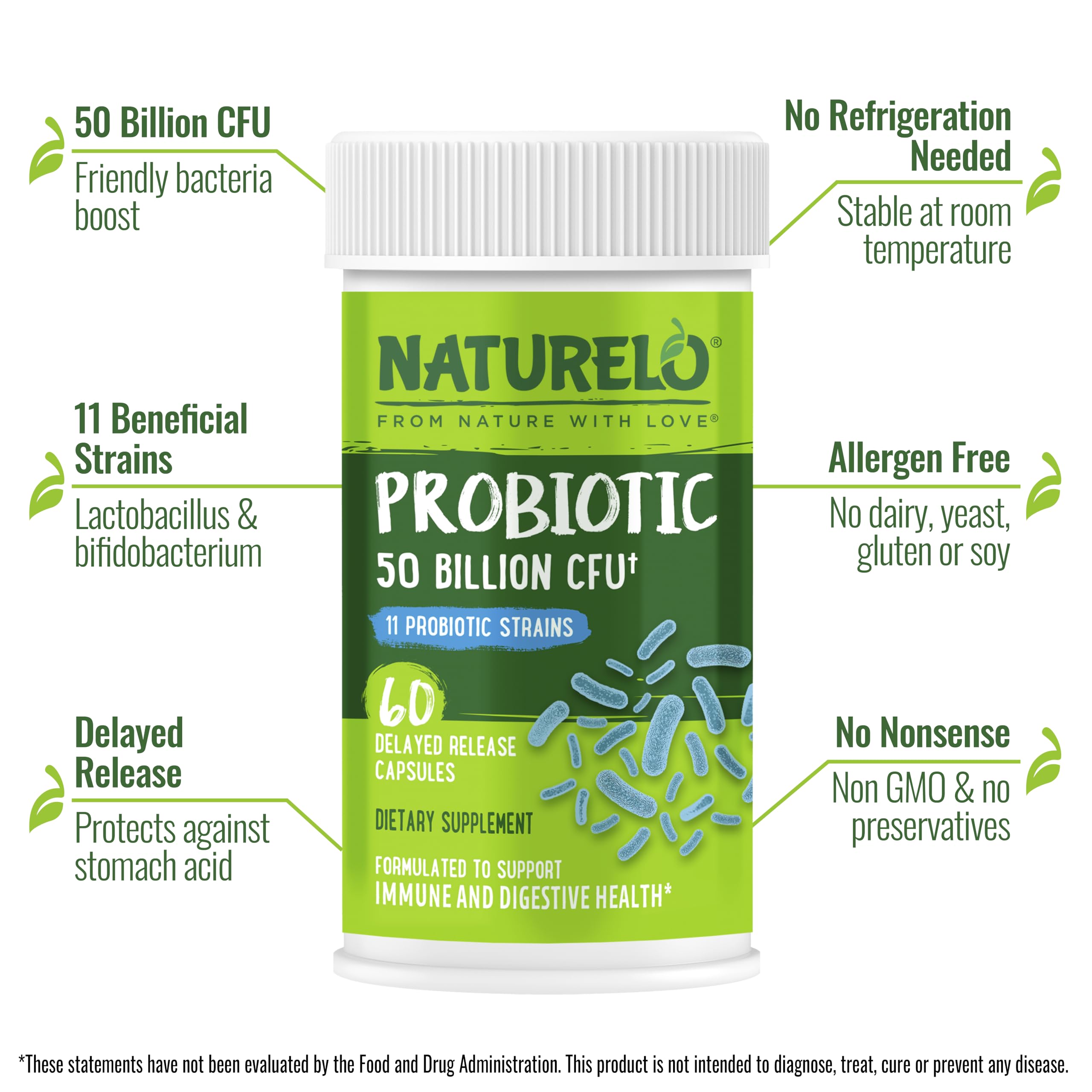 Naturelo Probiotics label highlights 11 strains for daily gut support.