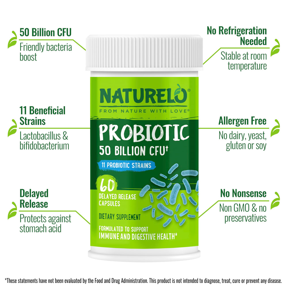 Naturelo Probiotics label highlights 11 strains for daily gut support.