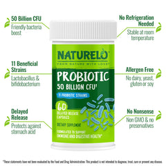 Naturelo Probiotics label highlights 11 strains for daily gut support.