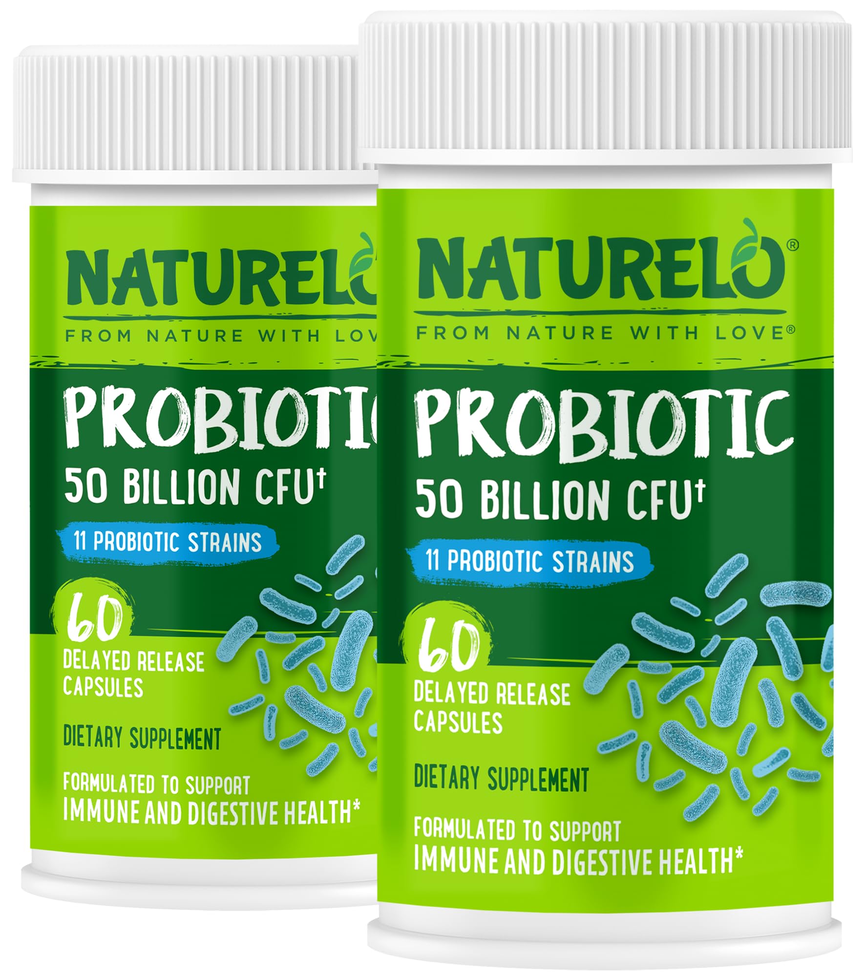 Naturelo Probiotics bottle close-up showing 50B CFU for digestive balance.
