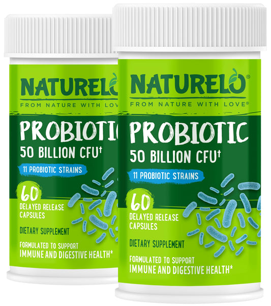 Naturelo Probiotics bottle close-up showing 50B CFU for digestive balance.