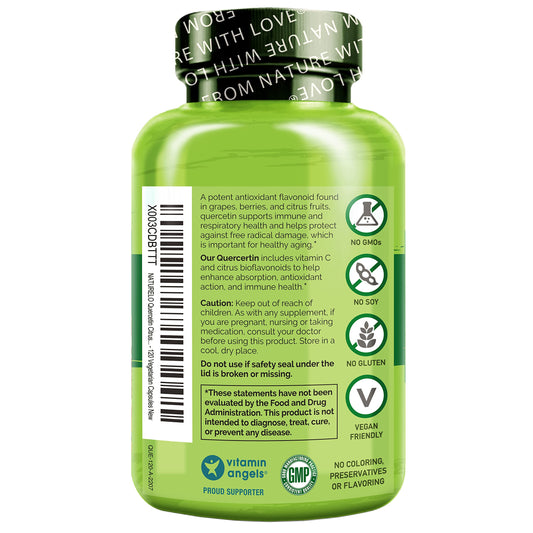 Naturelo Quercetin Citrus Bioflavonoid Complex capsules close-up showing vegan, non-GMO formulation.