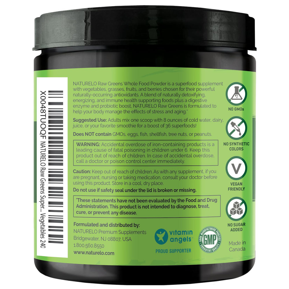 Naturelo Raw Greens fruit blend mango acai closeup — natural flavor and vitamins