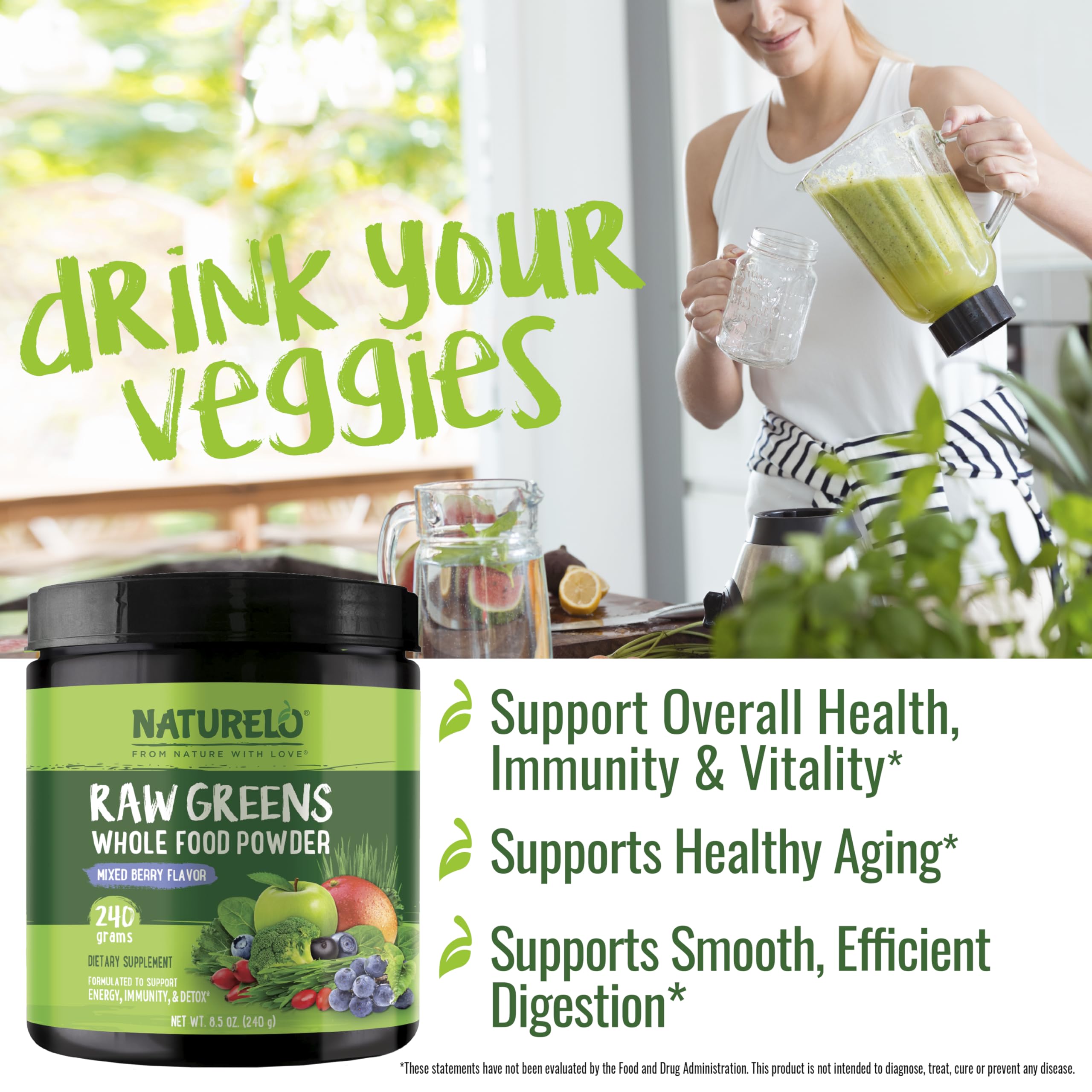 Naturelo Raw Greens leafy greens closeup — vibrant ingredients for daily nutrition