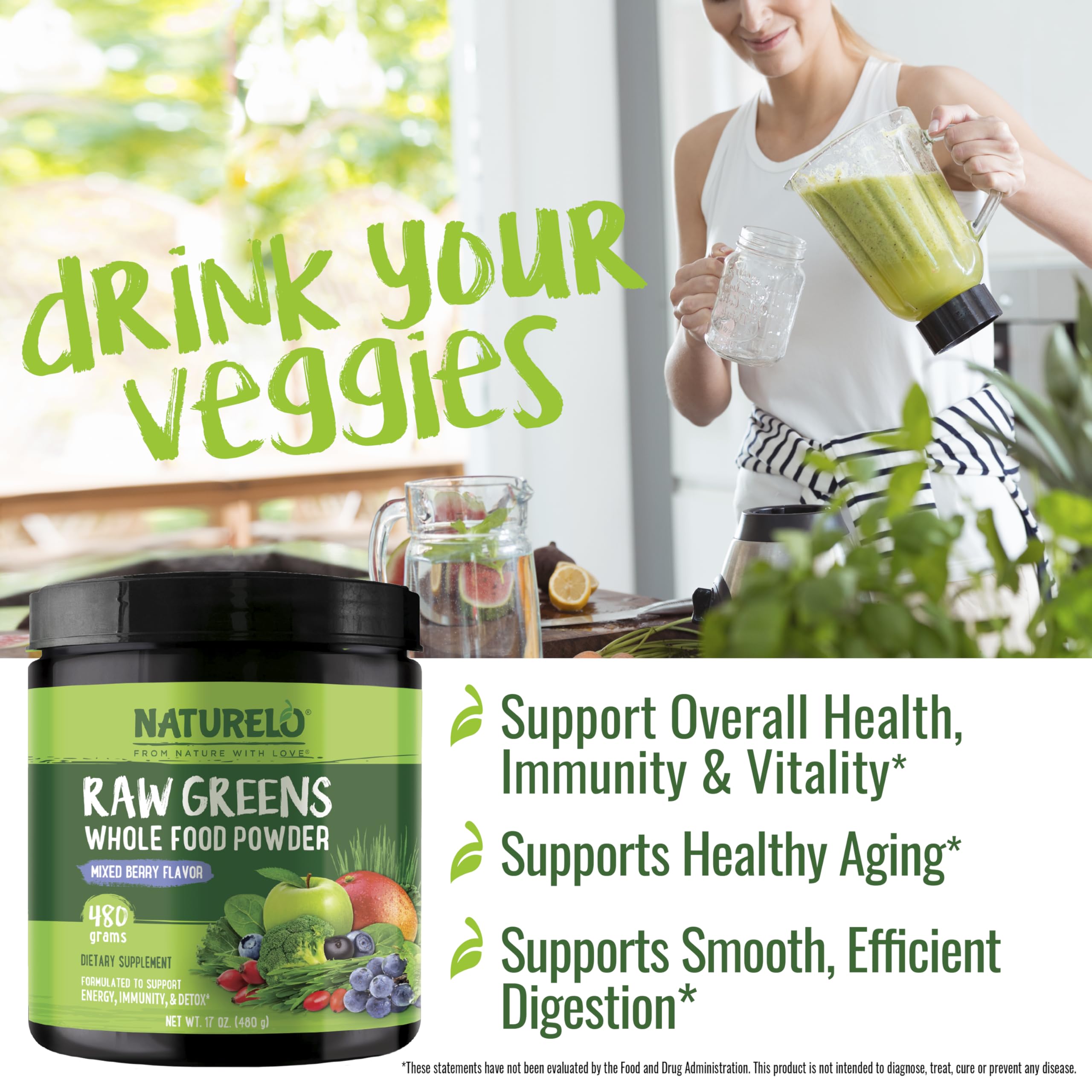 Naturelo Raw Greens ingredients bowl highlights greens and fruits.
