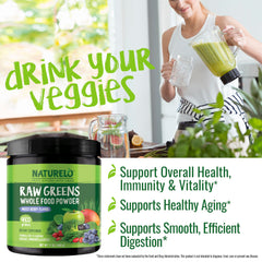 Naturelo Raw Greens ingredients bowl highlights greens and fruits.