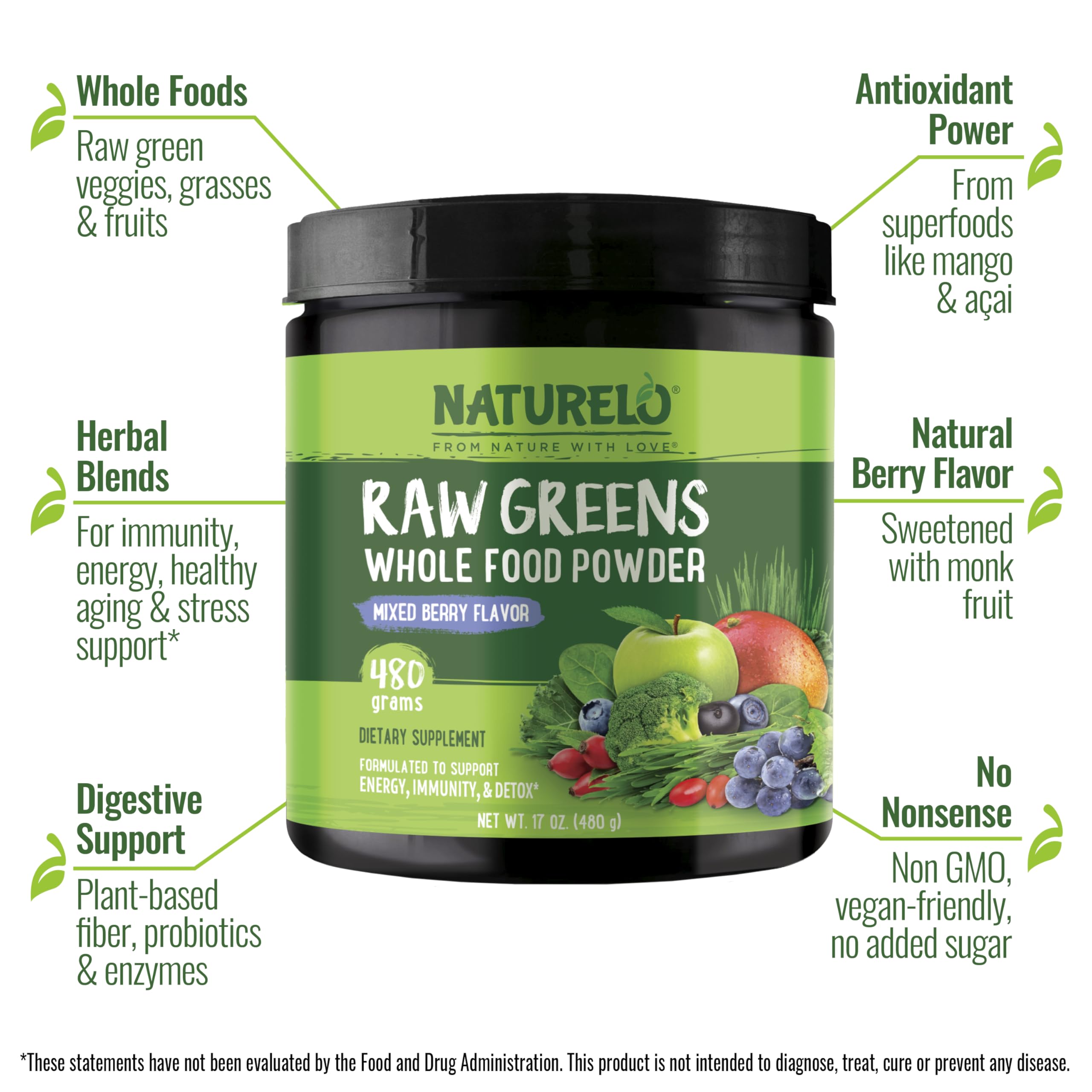 Naturelo Raw Greens scoop shows convenient on-the-go nutrition.