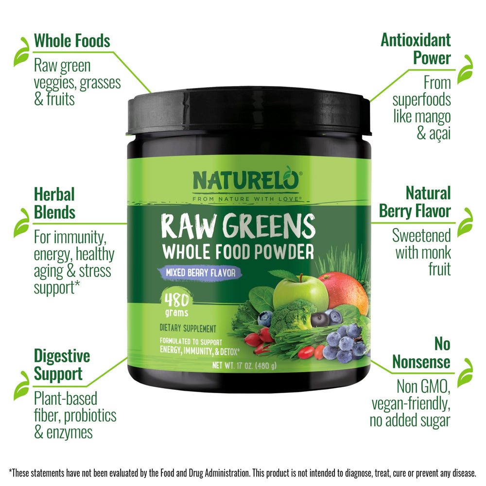 Naturelo Raw Greens scoop shows convenient on-the-go nutrition.