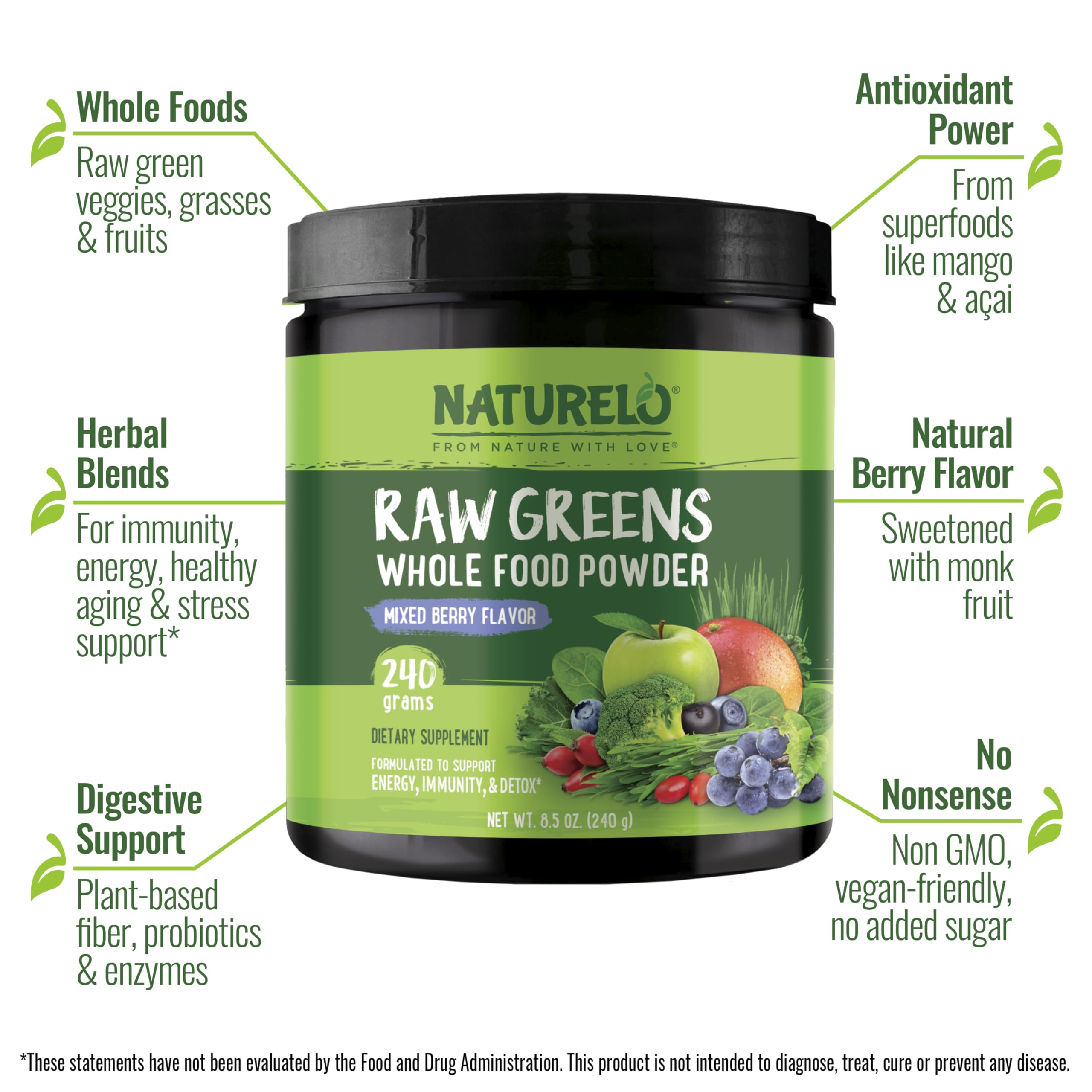Naturelo Raw Greens scoop powder — measure-and-mix for easy smoothies