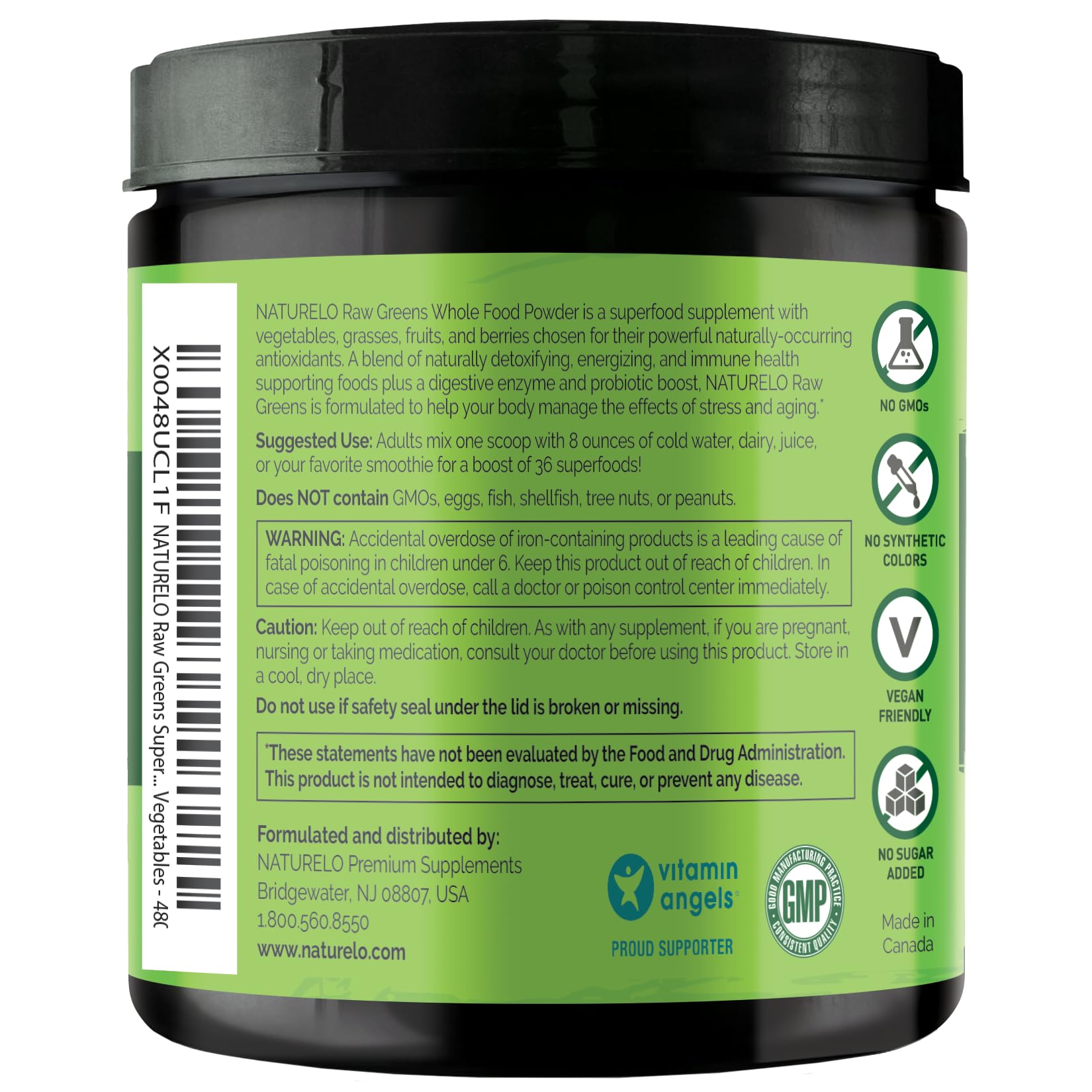 NATURELO ingredients chart highlighting greens and berries for balanced nutrition