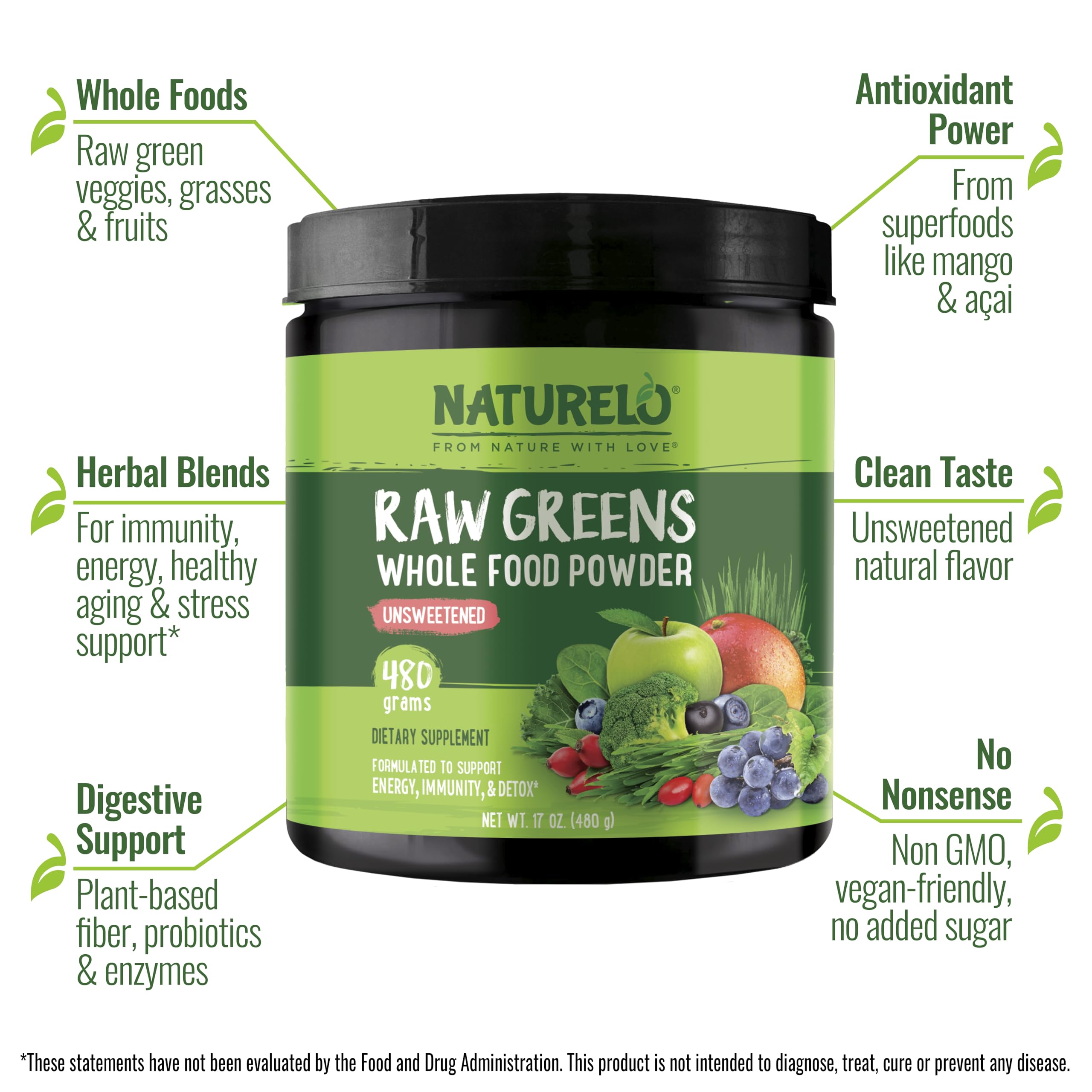 NATURELO ingredients close-up highlighting spirulina and berries in a nutrient mix