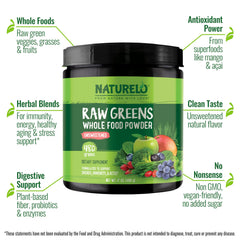 NATURELO ingredients close-up highlighting spirulina and berries in a nutrient mix