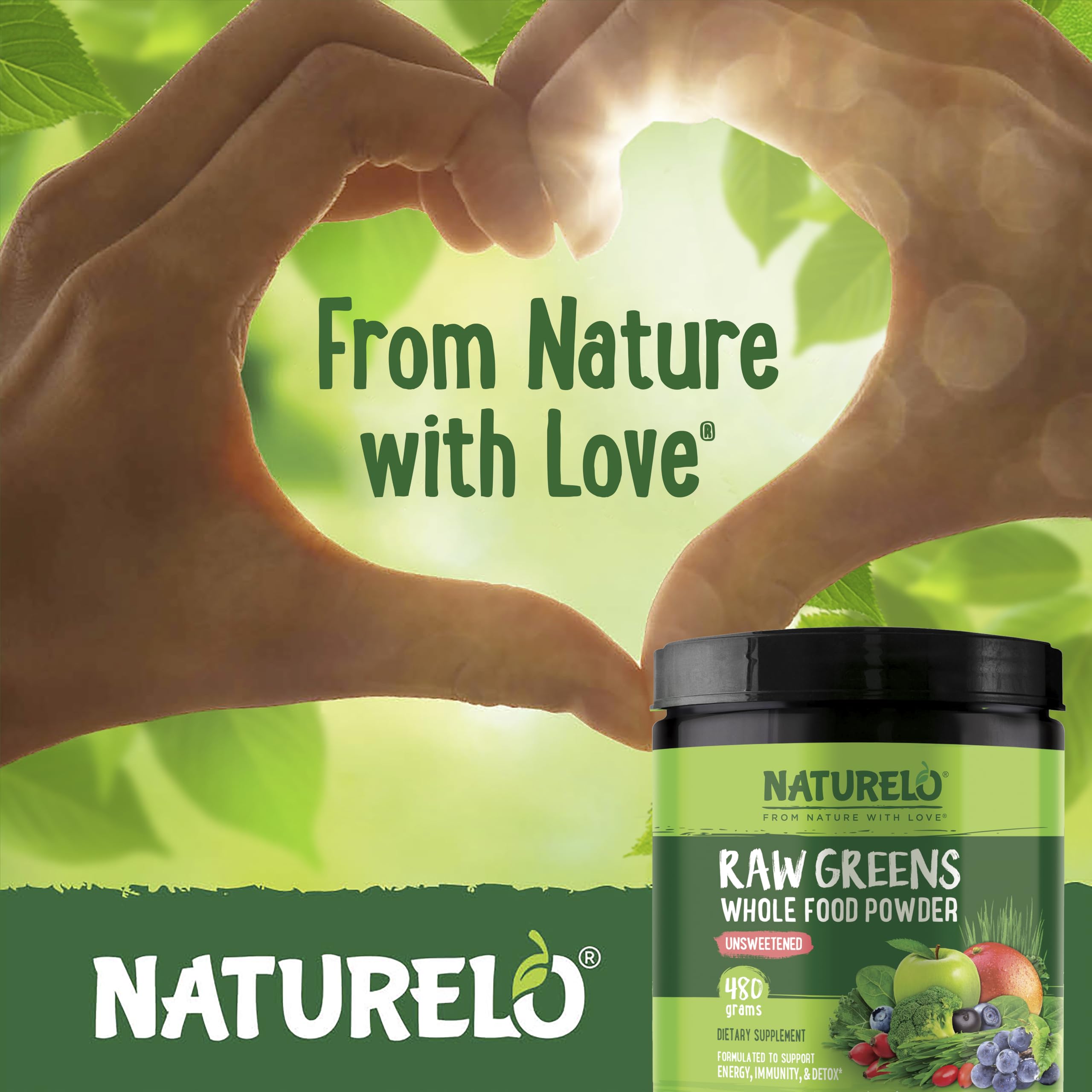 NATURELO tub beside glass of water illustrating convenient green nutrition on the go