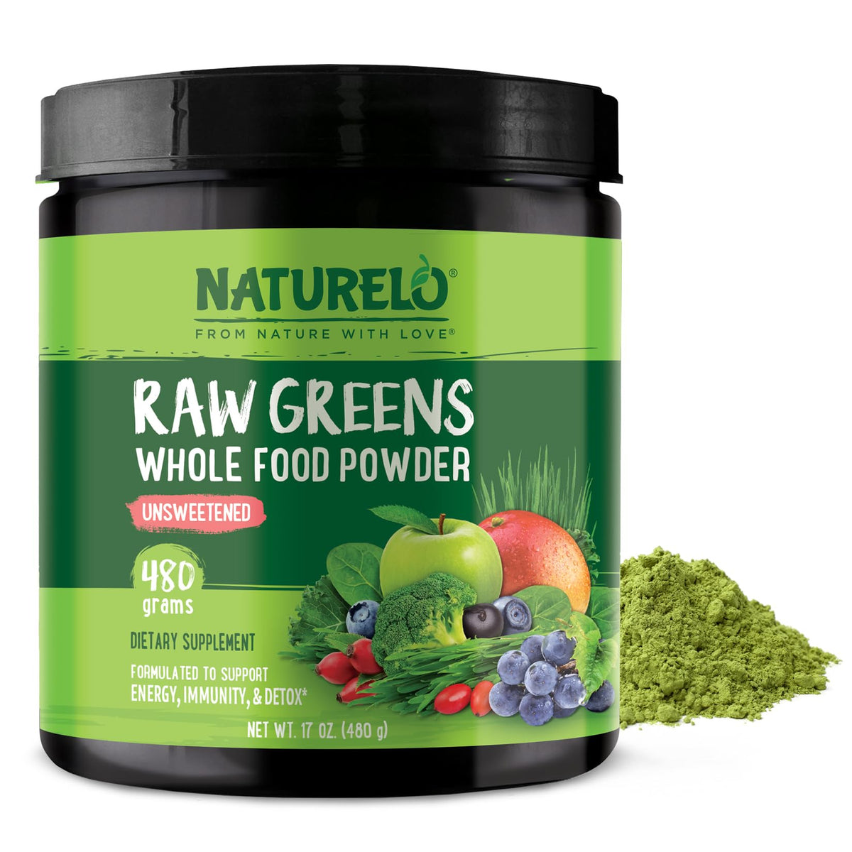 NATURELO Raw Greens Superfood Powder tub front for unsweetened daily vitality