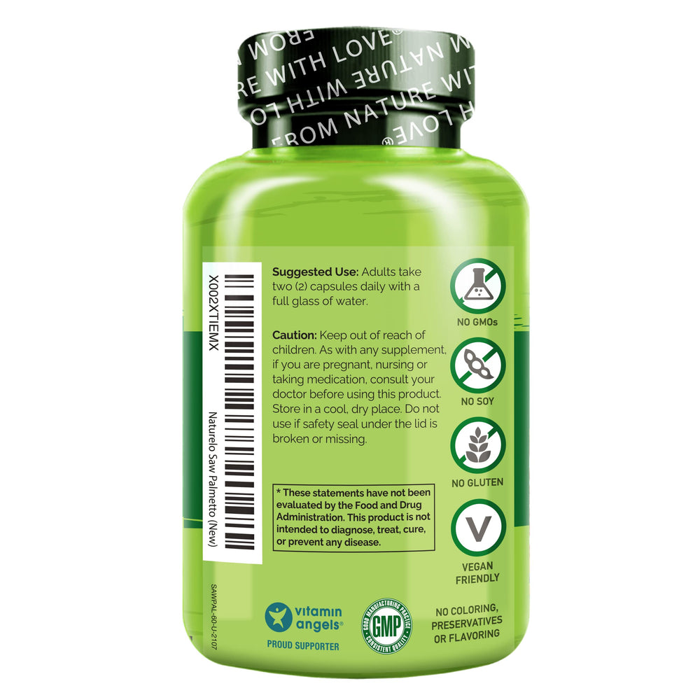 NATURELO Saw Palmetto Pygeum Turmeric bottle emphasizes core ingredients aiding urinary function.