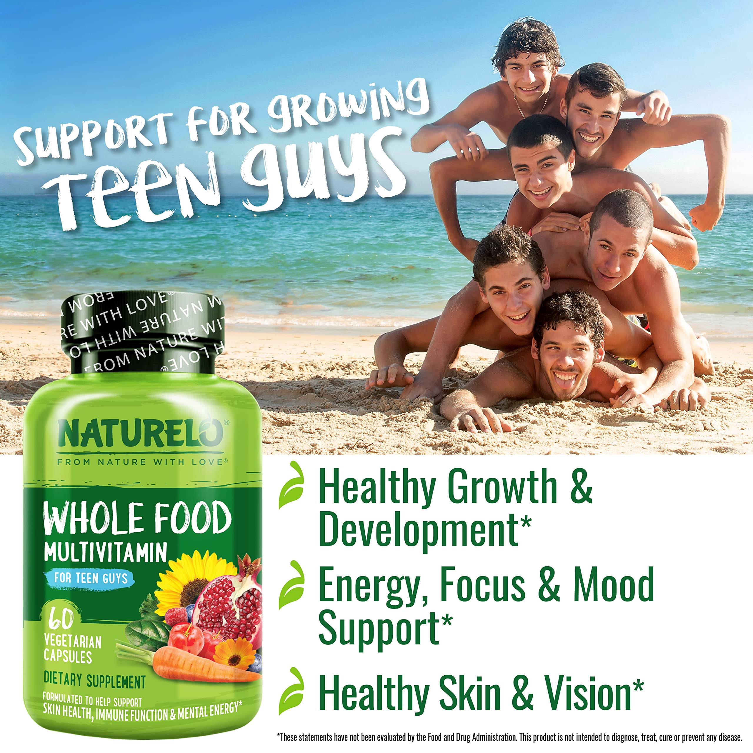 Naturelo whole-food nutrition with organic fruits and vegetables shown.