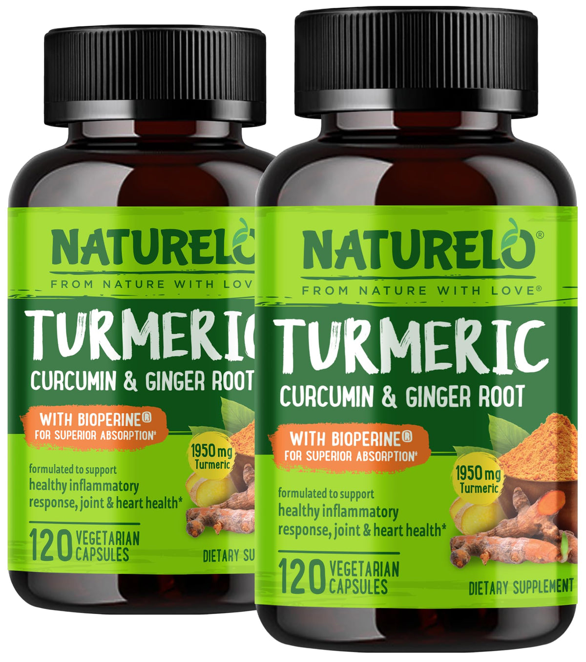 Naturelo Turmeric Curcumin bottle highlights plant-based joint support for daily mobility.