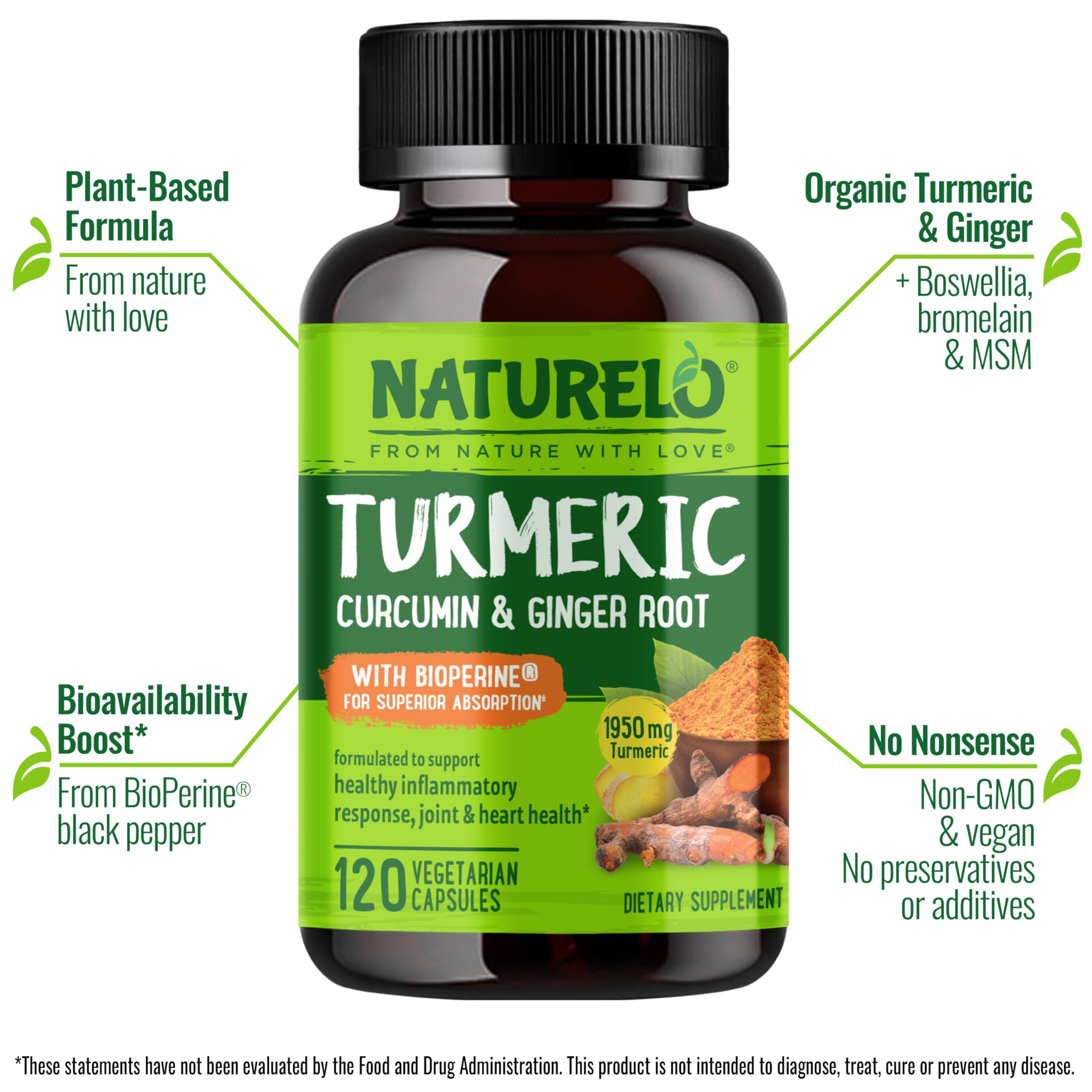 Naturelo Turmeric Curcumin capsules pack shows convenient, vegan daily supplement.