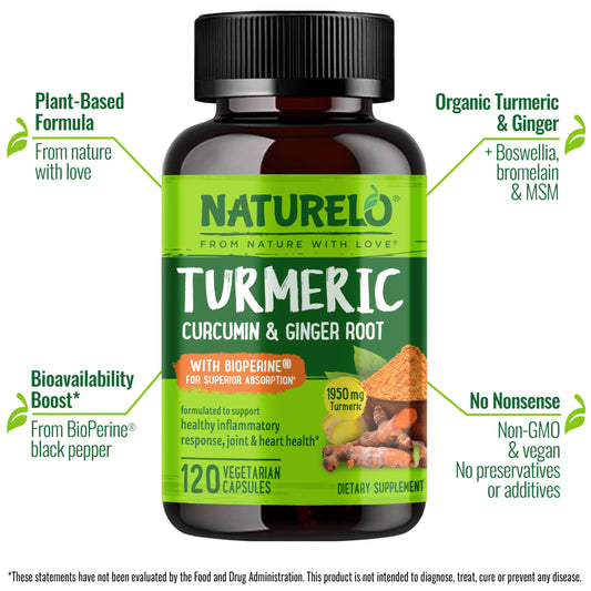 Naturelo Turmeric Curcumin capsules pack shows convenient, vegan daily supplement.
