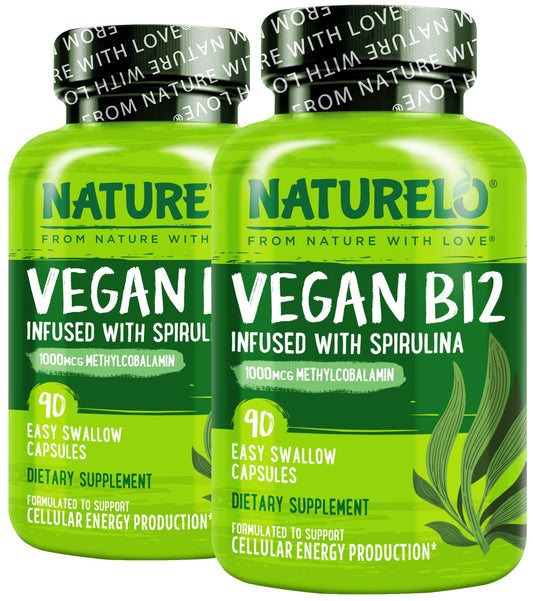 NATURELO Vegan B12 methylcobalamin bottle supports daily energy for vegan diets.