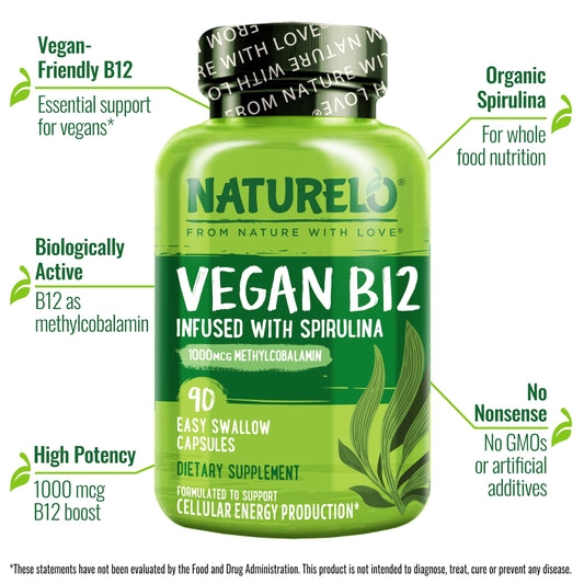 NATURELO B12 with spirulina blend highlights natural plant-based nutrients and minerals.