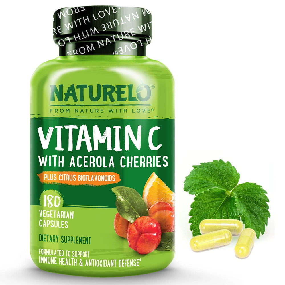 Naturelo Vitamin C bottle showing acerola cherry extract for immune support.