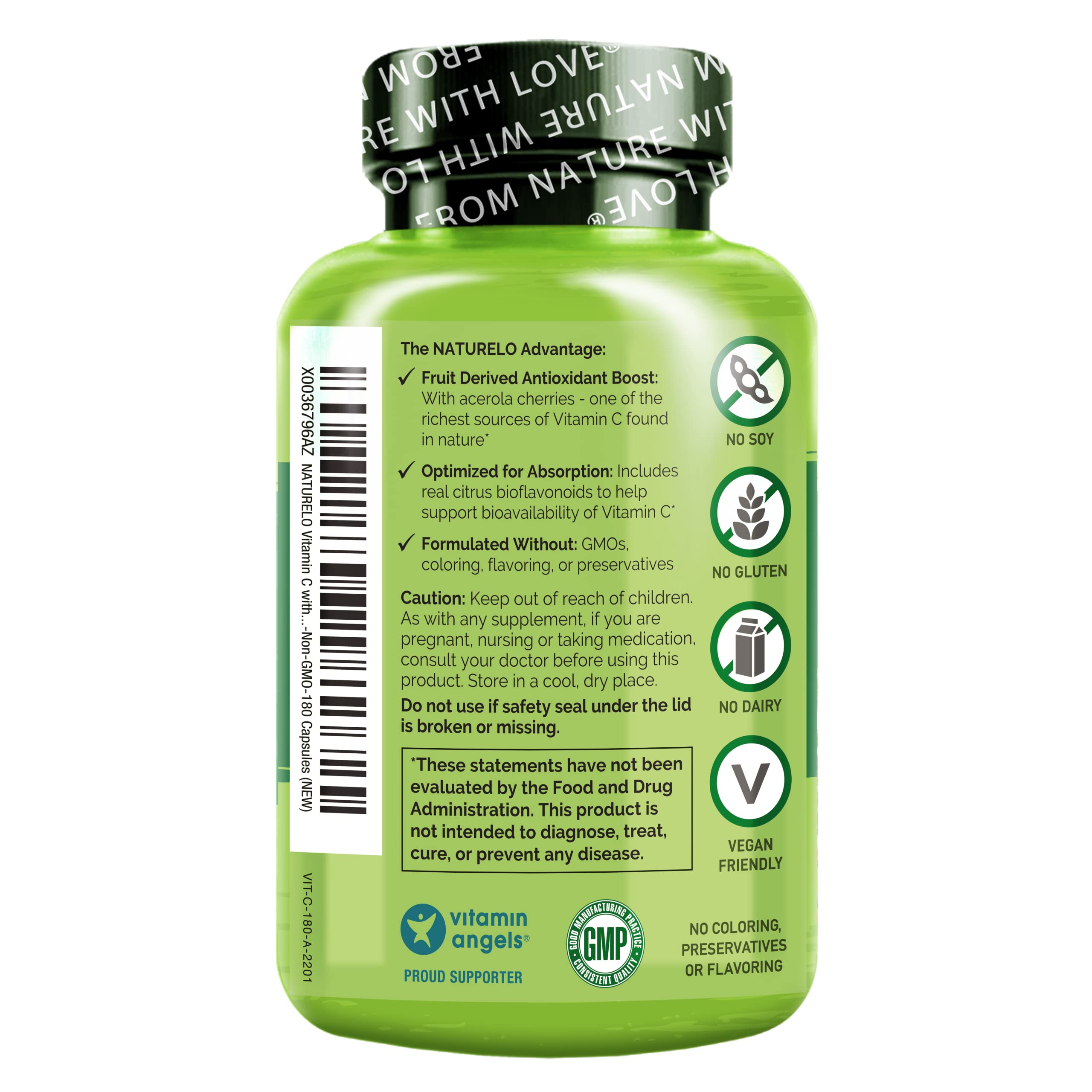 Naturelo Vitamin C bottle featuring citrus bioflavonoids for enhanced absorption.