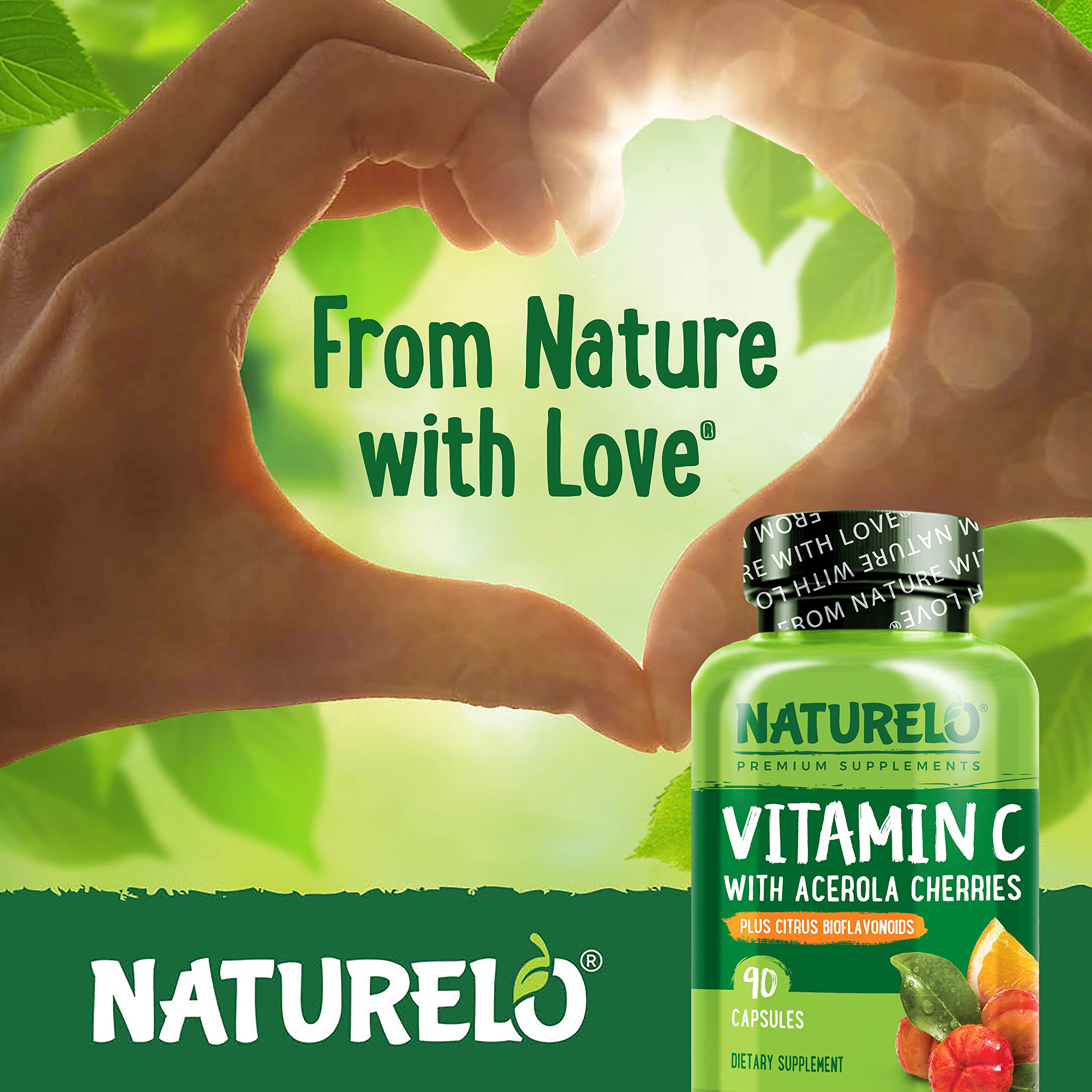 Naturelo Vitamin C non-GMO and gluten-free information on packaging.