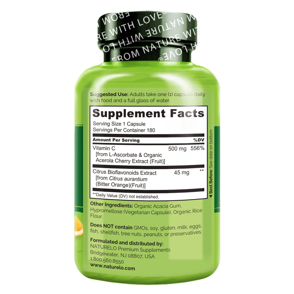 Naturelo Vitamin C capsules displaying plant-based vitamin C benefits.
