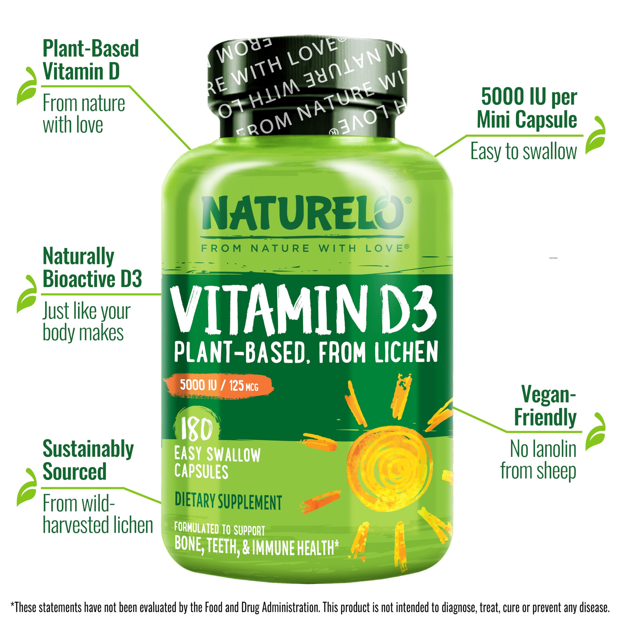 Naturelo D3 capsules close-up showing high potency for overall wellness.