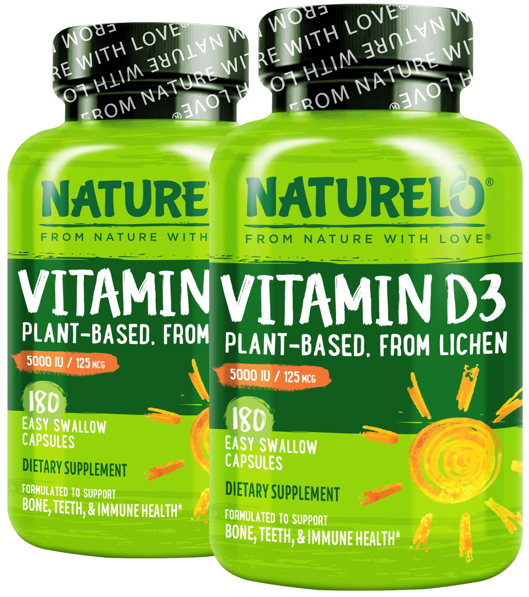 Naturelo Vitamin D3 5000 IU plant-based bottle for daily immune and bone support.