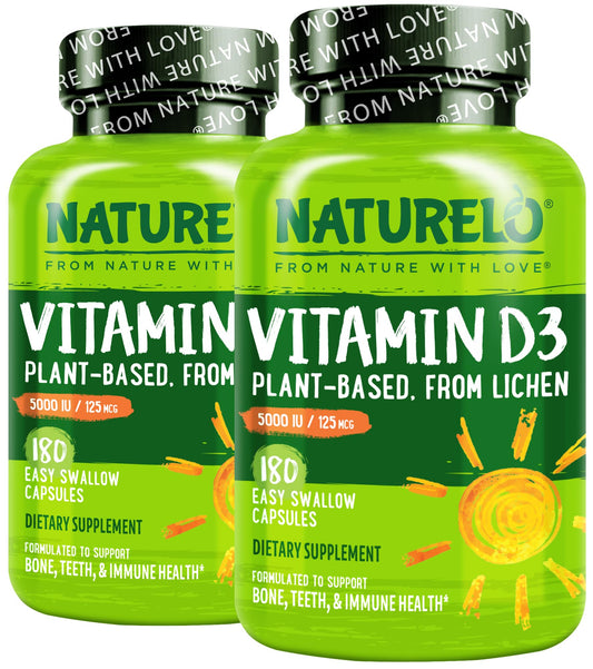 Naturelo Vitamin D3 5000 IU plant-based bottle for daily immune and bone support.